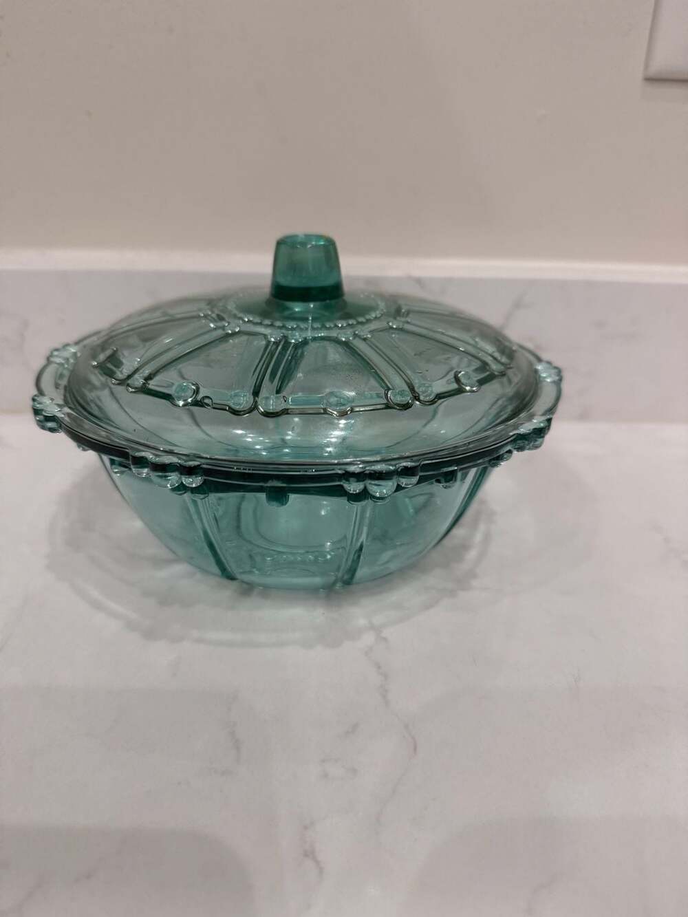 Vintage KIG Indonesia Oyster Pearl Aqua Blue Lidded Glass Candy Dish